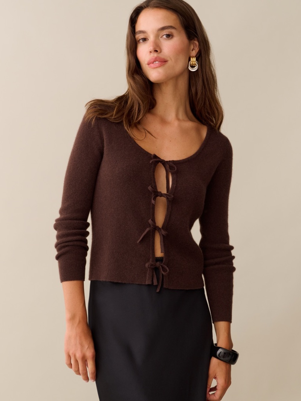Cashmere Chocolate Brown Tie-Front Top - Picture 4 of 7